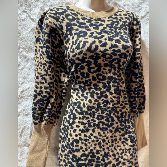 LOFT Knit Sweater Dress medium Leopard Print crew Neck Y2K Fall Autumn NWOT - Picture 4 of 13
